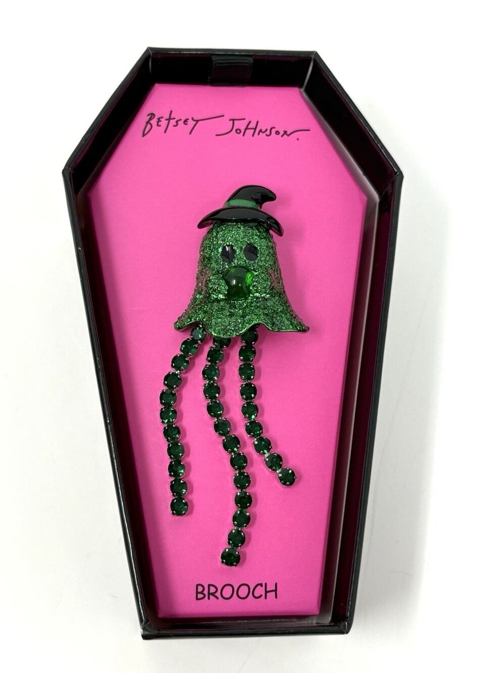 Betsey Johnson Halloween Green Ghost Witch Pin Brooch Glitter Rhinestones 2025